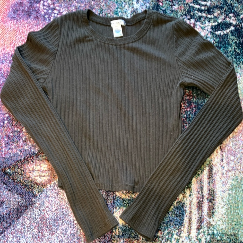 Bozzolo Ribbed Small Long Sleeve Top - solid olive green color EUC